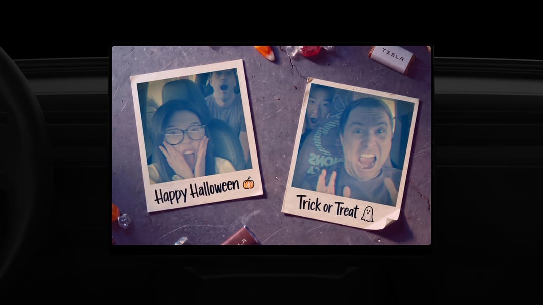Tesla Photobooth Halloween frames: two polaroids captioned Happy Halloween and Trick or Treat