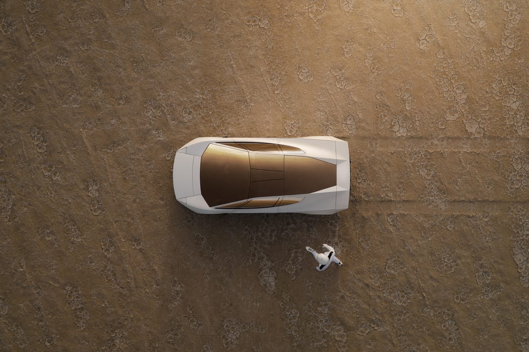 Tesla Roadster. Desert overhead with Optimus