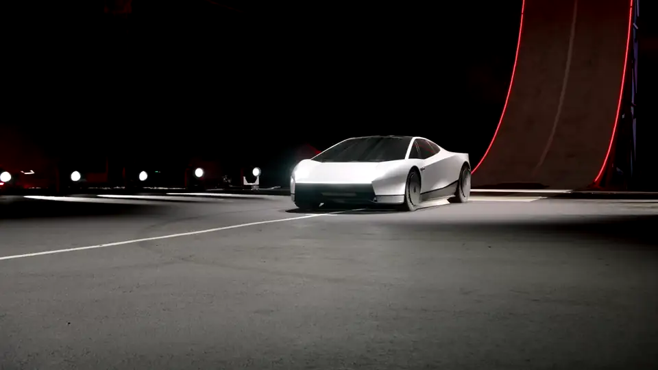 Tesla Roadster at the start of a straight run at night, from Tesla's official 0–60 video